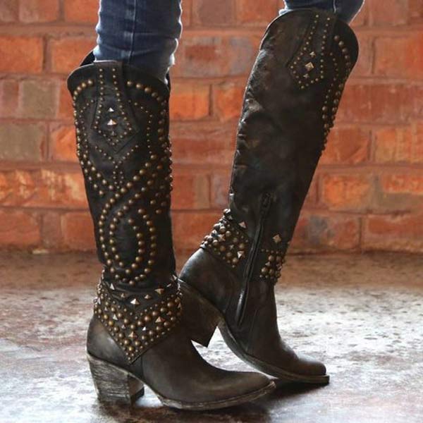 Valenzora - High Boots with Metal Studs and Chunky Heel