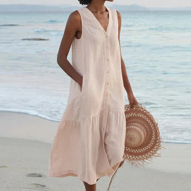 Valenzora | Sleeveless cotton linen dress with V-neck