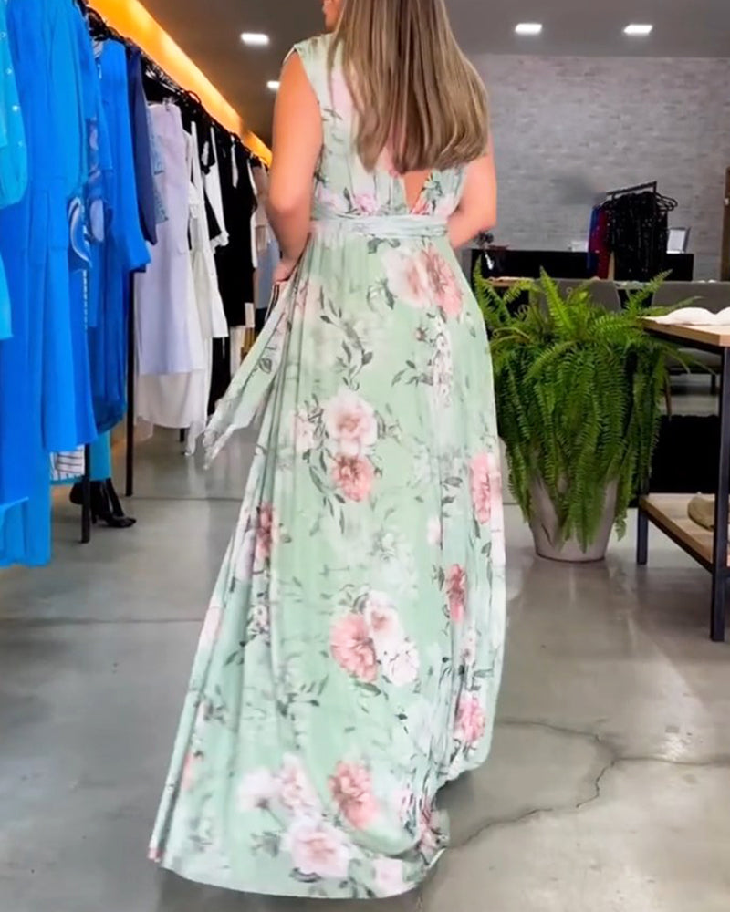 Valenzora | Elegant sleeveless V-neck floral print dress