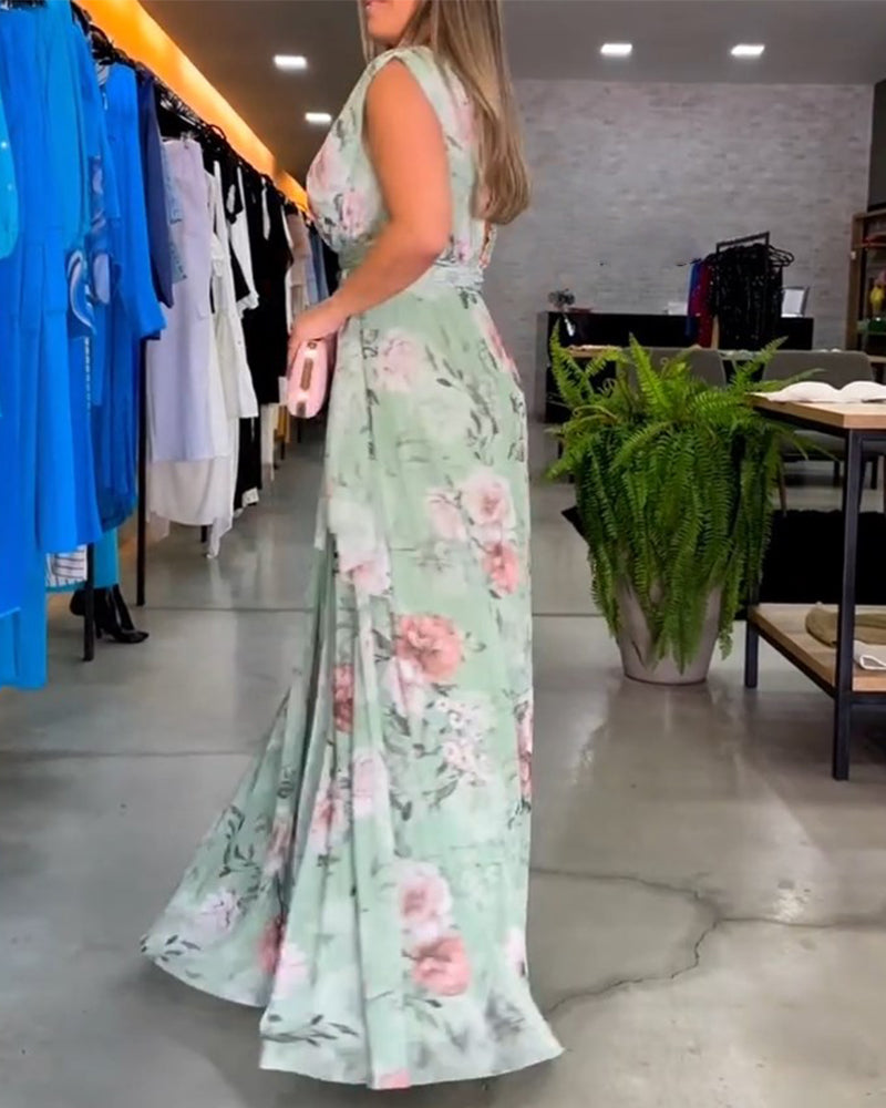 Valenzora | Elegant sleeveless V-neck floral print dress