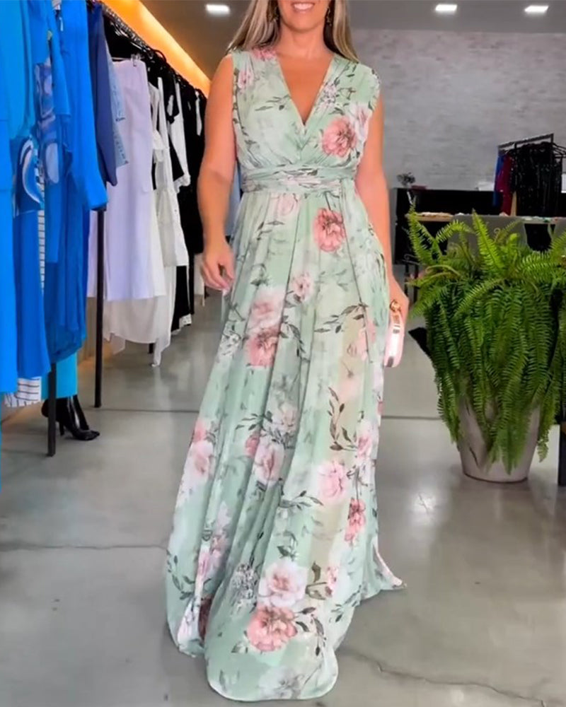 Valenzora | Elegant sleeveless V-neck floral print dress