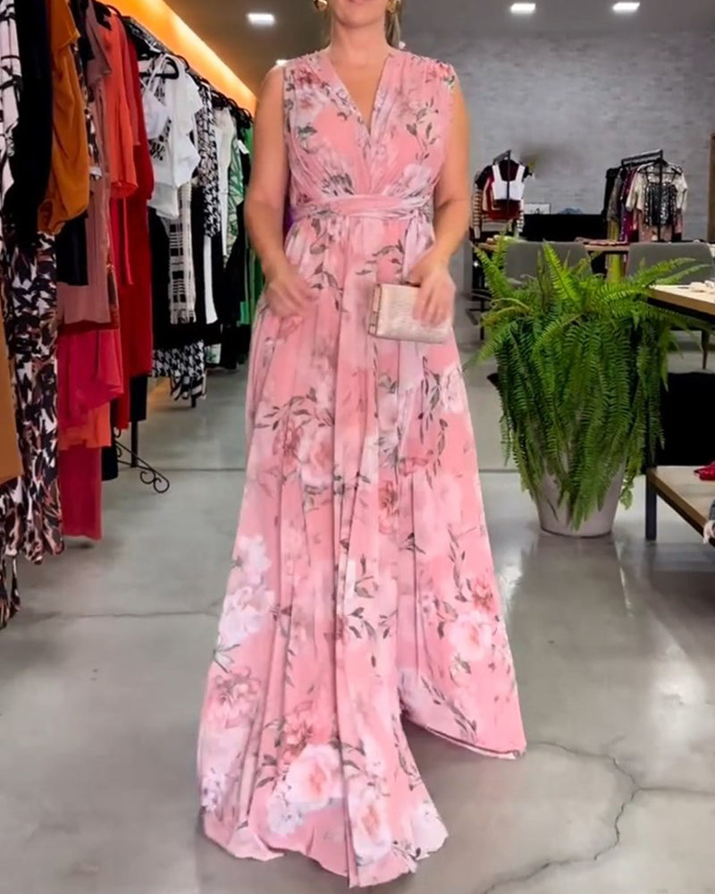 Valenzora | Elegant sleeveless V-neck floral print dress