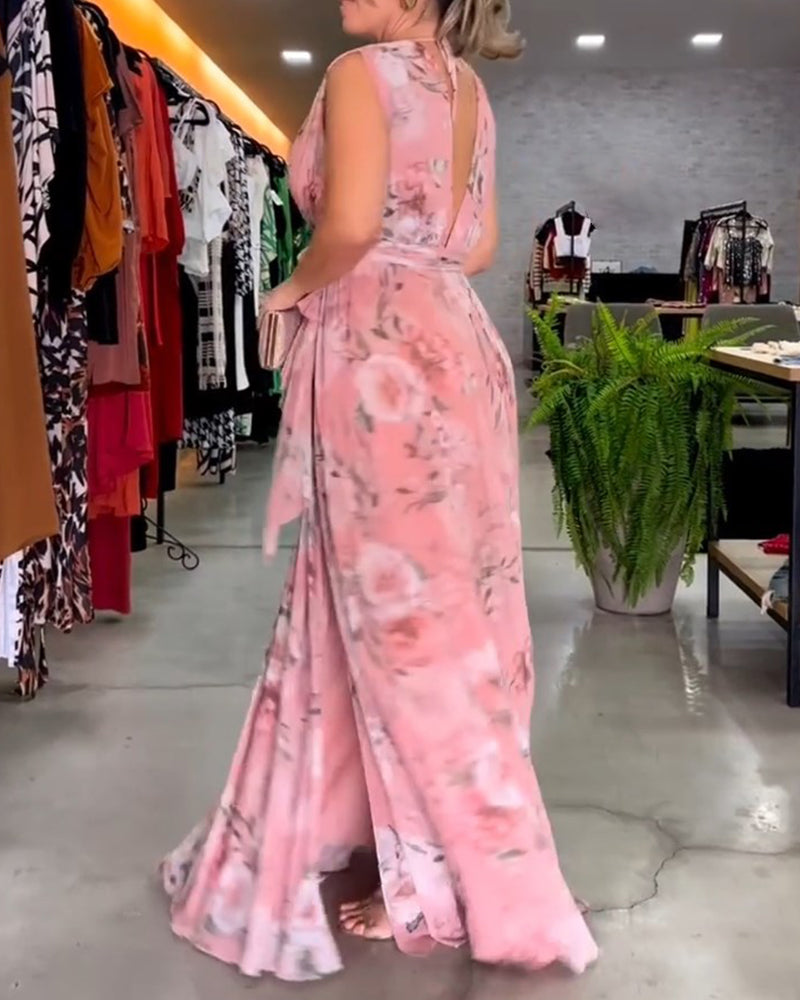 Valenzora | Elegant sleeveless V-neck floral print dress