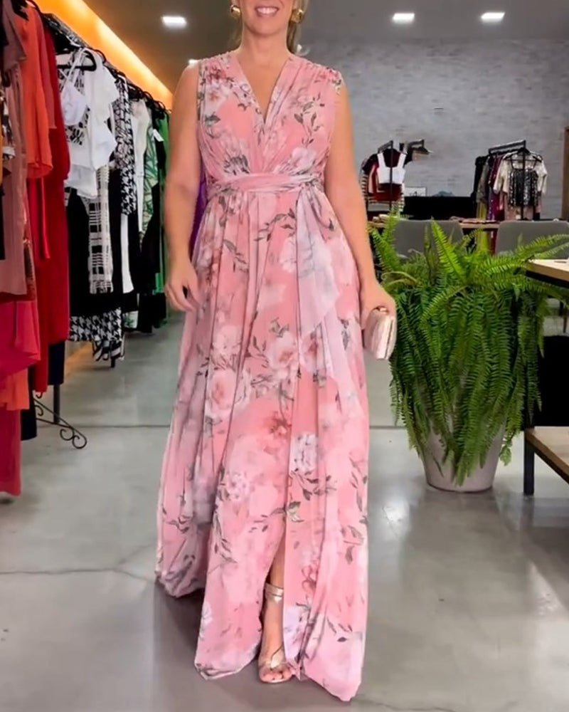 Valenzora | Elegant sleeveless V-neck floral print dress