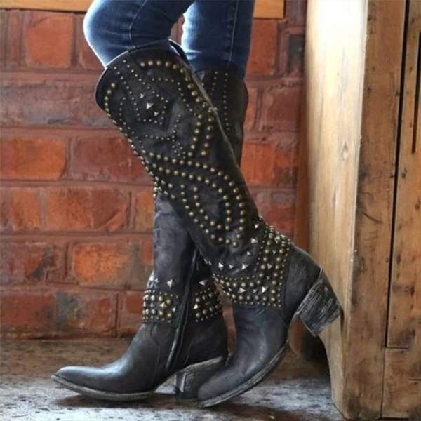 Valenzora - High Boots with Metal Studs and Chunky Heel