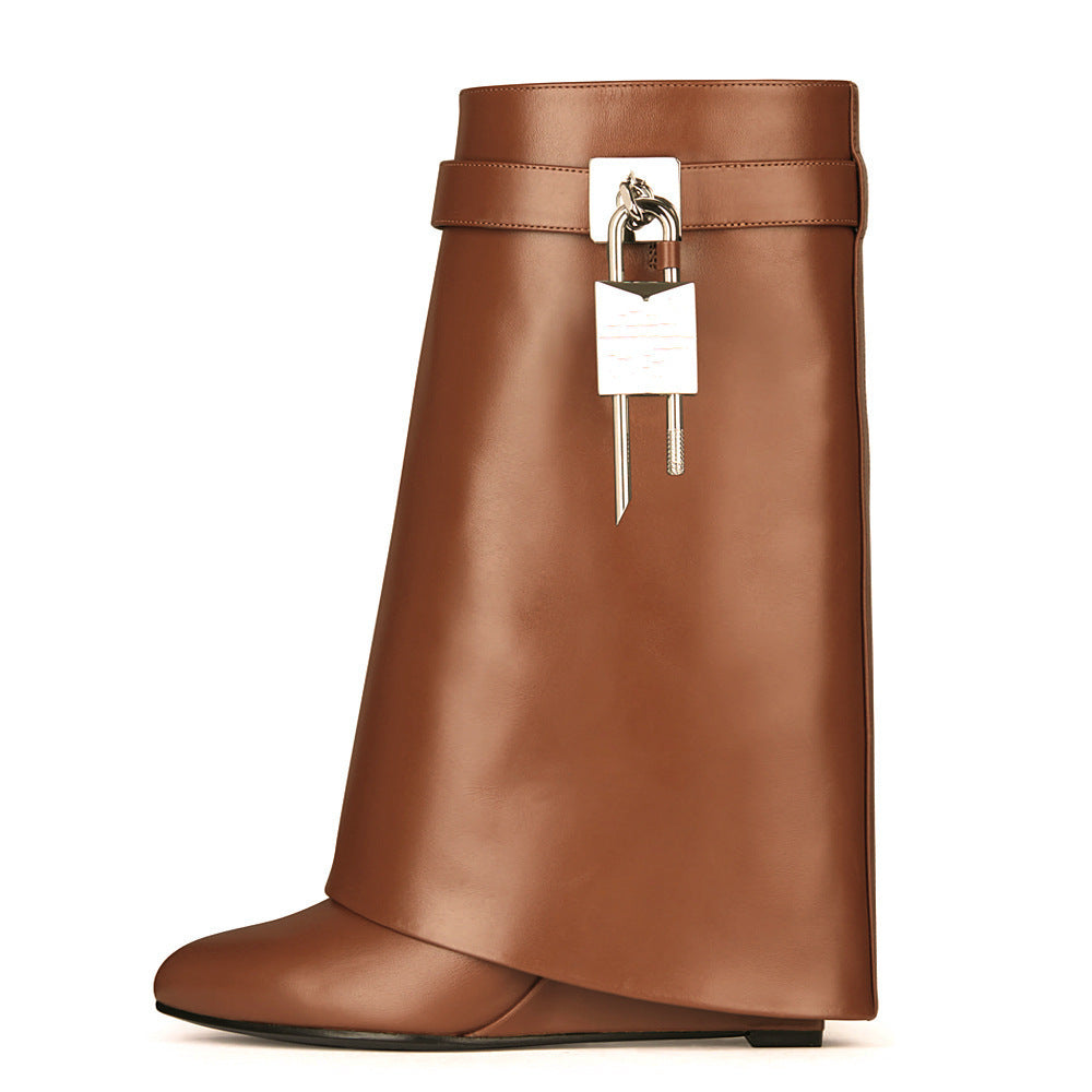 Valenzora | Women's Fashion Slanted Heel Round Toe Leather Upper High Heel Zipper Short Boots