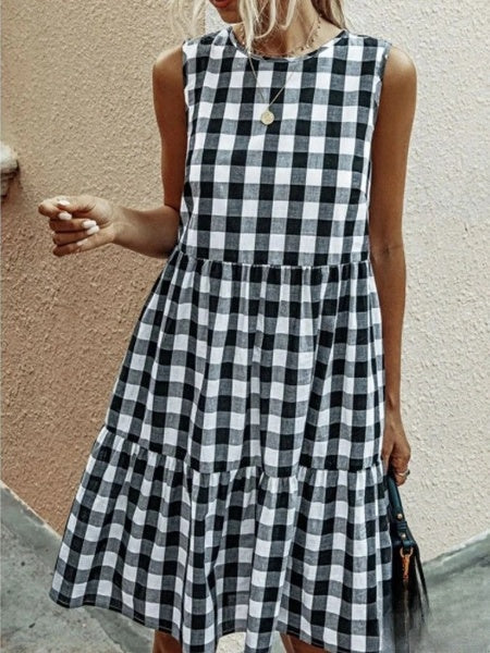 Valenzora | Mode, locker sitzendes Damenkleid mit Rundhalsausschnitt, karierter Pastell-Midi-Rock