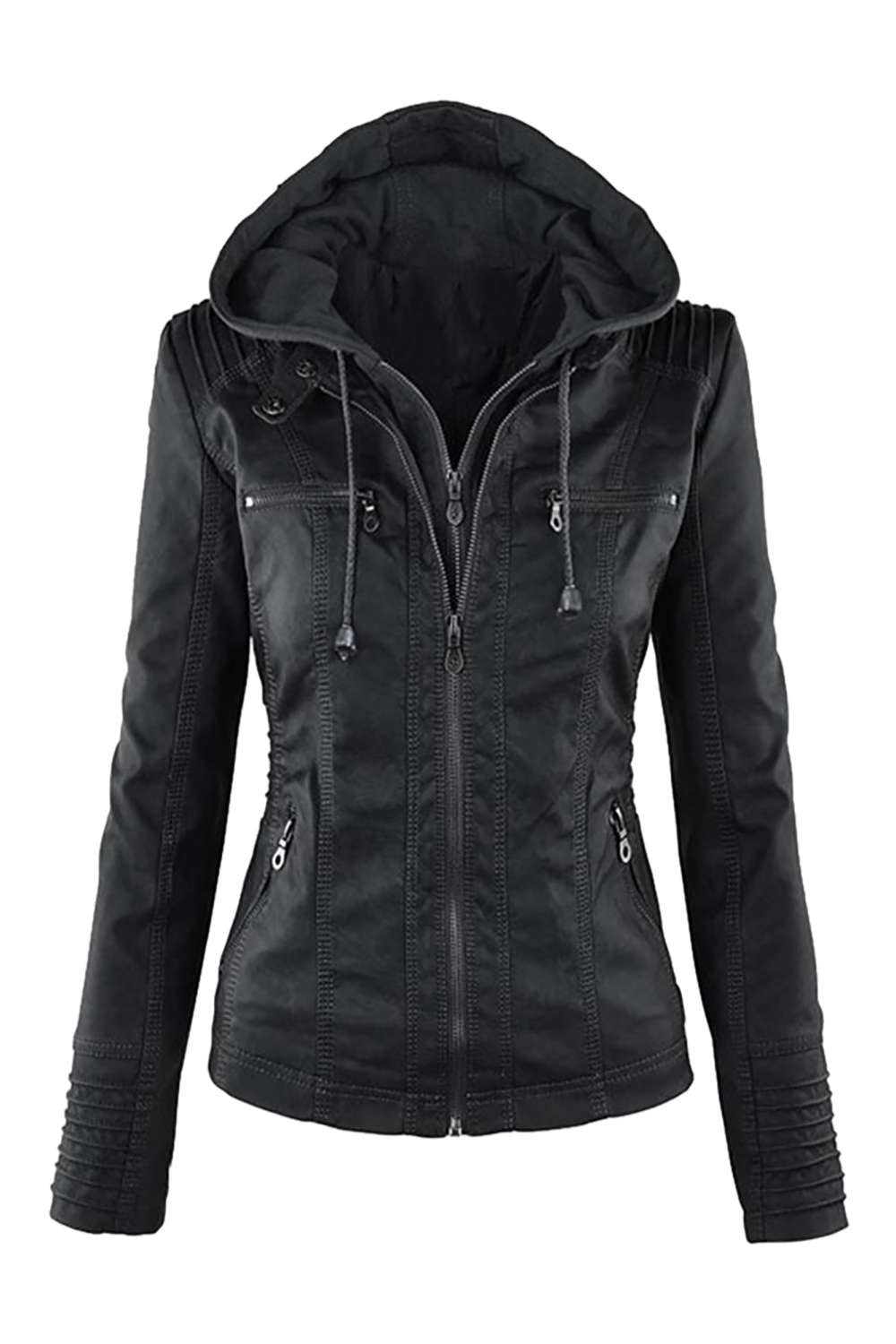 Valenzora | Women's Faux Leather Hooded Jacket with Zipper