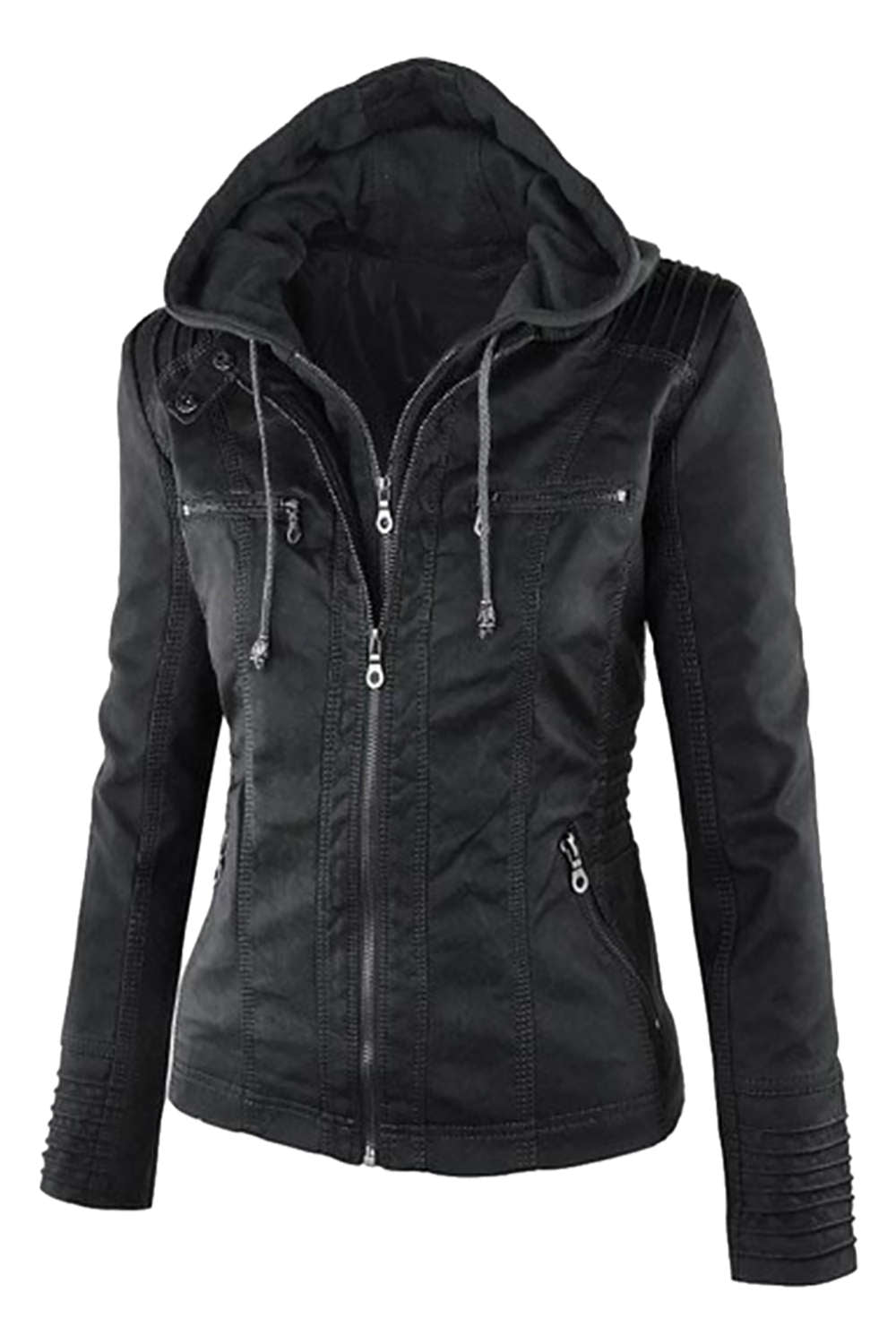 Valenzora | Women's Faux Leather Hooded Jacket with Zipper