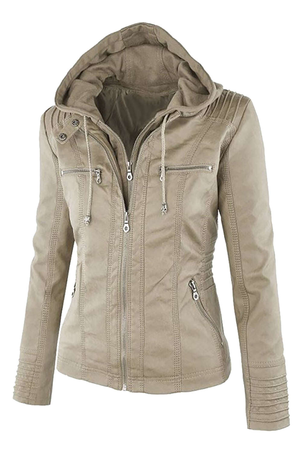 Valenzora | Women's Faux Leather Hooded Jacket with Zipper