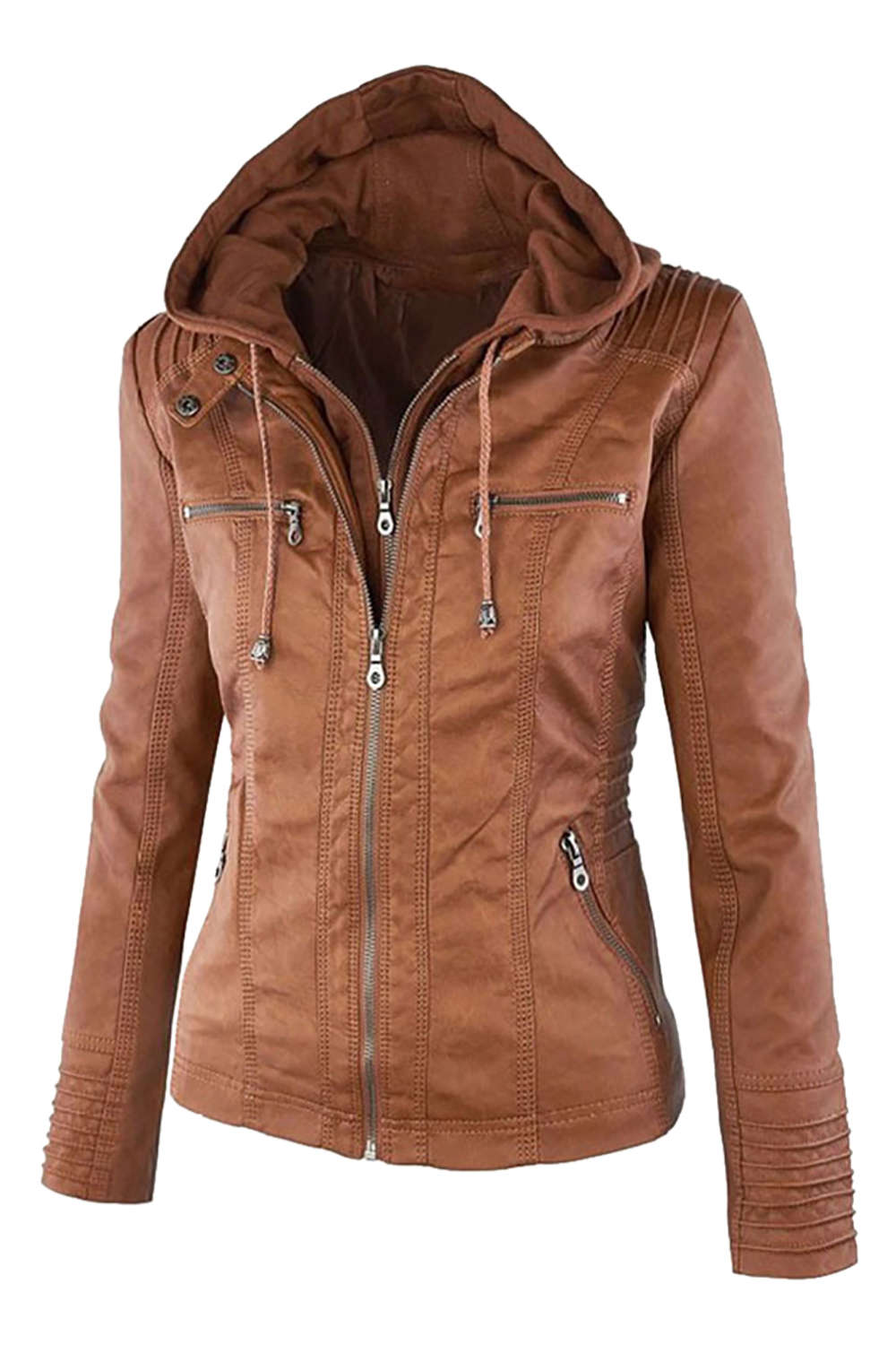 Valenzora | Women's Faux Leather Hooded Jacket with Zipper
