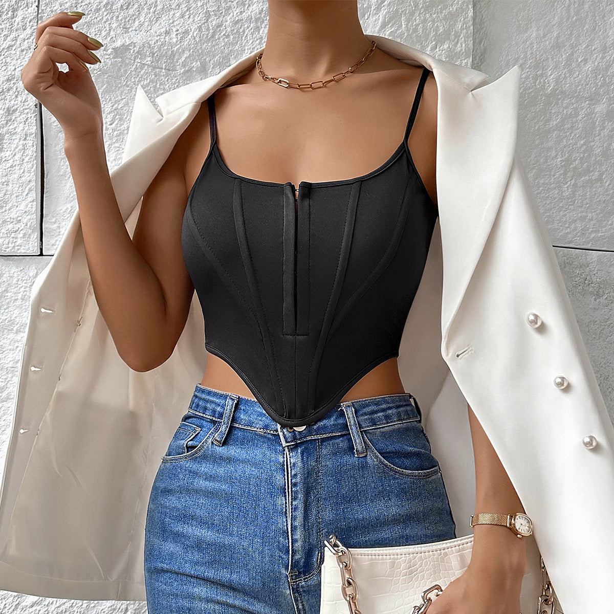 Valenzora | Single-breasted sling crop corset tank summer fashion slim spaghetti strap top for women's clothing