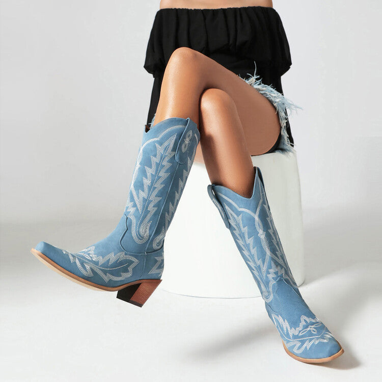 Valenzora | Embroidered Long Knee-High Boots Pointed Toe Chunky Heel High Heel