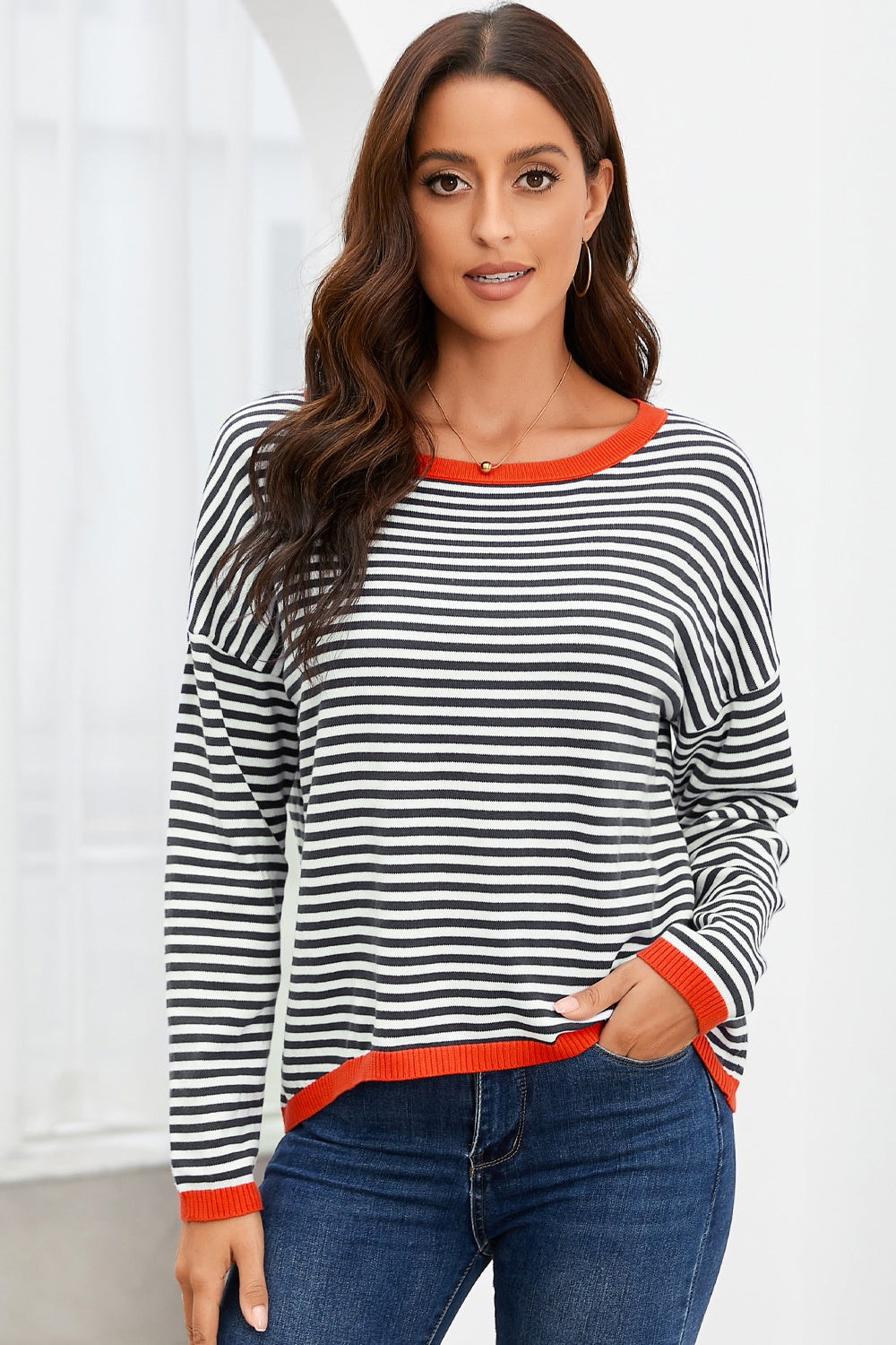 Valenzora | Striped crew neck drop-shoulder T-shirt
