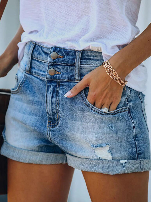 Valenzora | Women's Denim Shorts Ripped Rolled Stretch High Waist Denim Shorts
