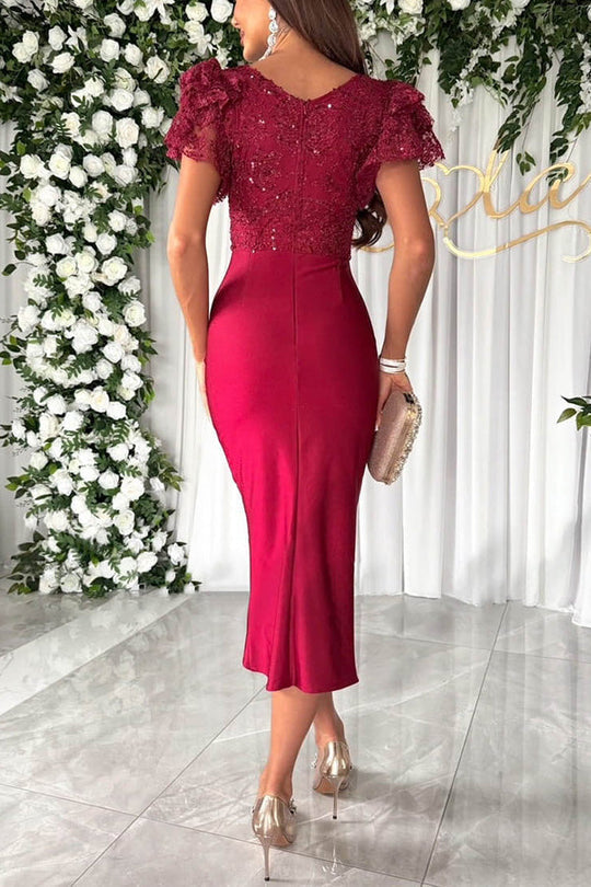 Valenzora | Dreamy luxury lace and satin patchwork ruffled flared midi dress
