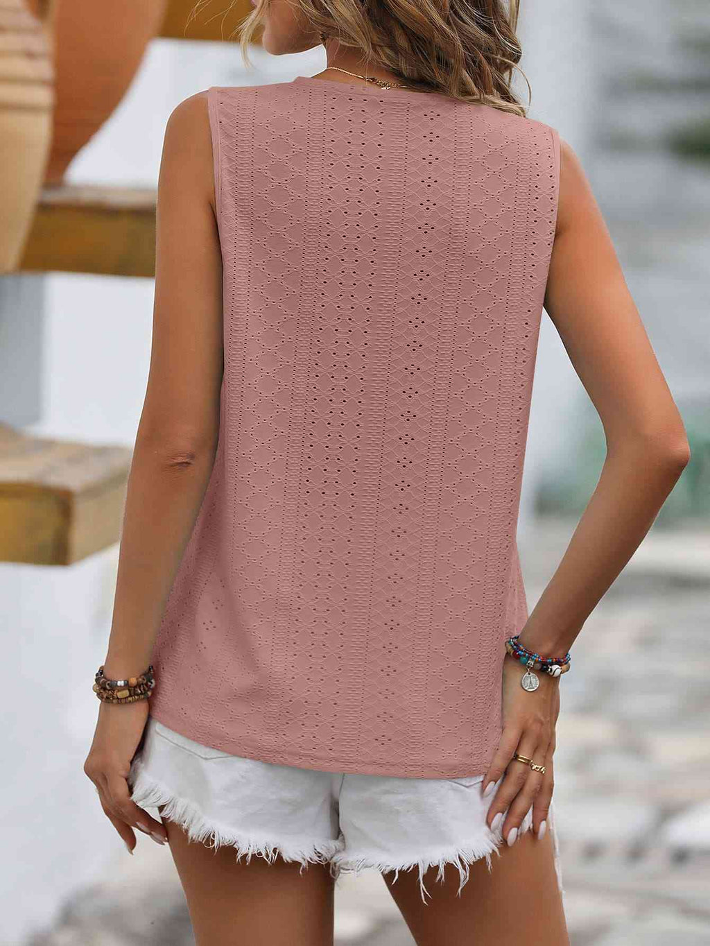 Valenzora | Split Lace V-Neck Sleeveless Shirt