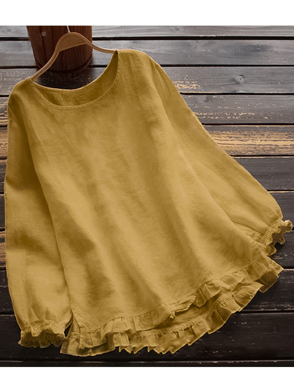 Valenzora | O-neck Solid color Long sleeves Ruffled Linen Tops