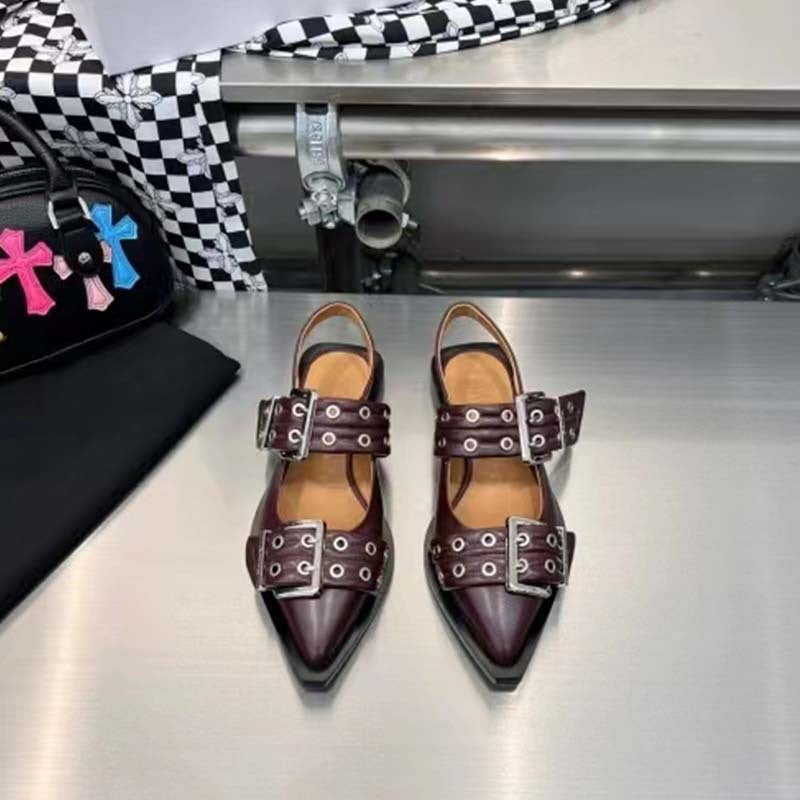 Valenzora | Pointed toe belt buckle mules leather flat sandals