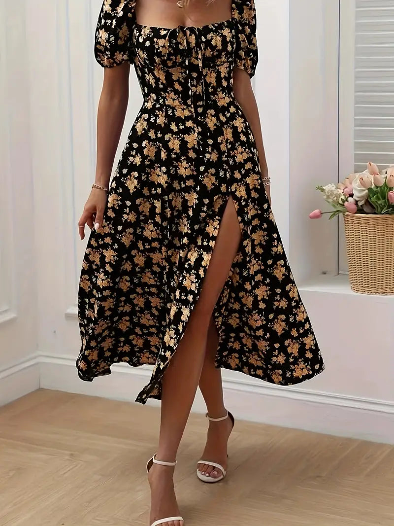Valenzora | Chic dress with puff sleeves in an A-line style with floral print