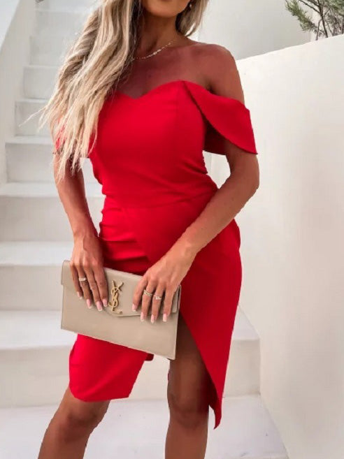 Valenzora | Damen einfarbiges One-Shoulder-Kleid mit Schlitz und schmaler Passform
