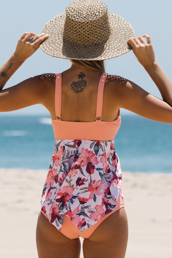 Valenzora | Cute Patchwork Floral Pattern Ruffled Hem Tankini Set