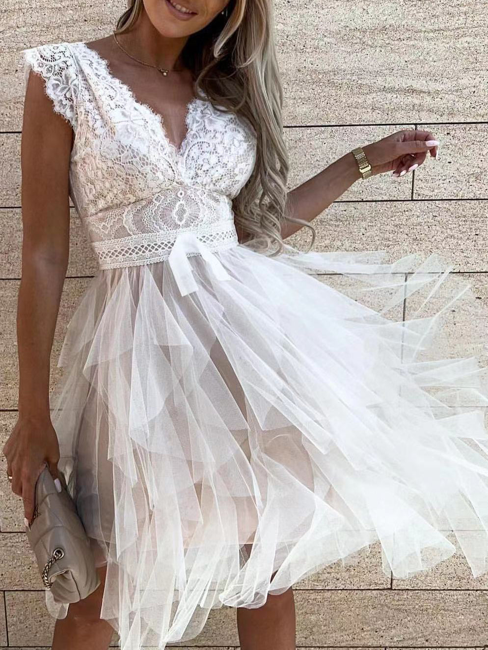 Valenzora | Women's V-neck Lace Mesh Irregular Dress