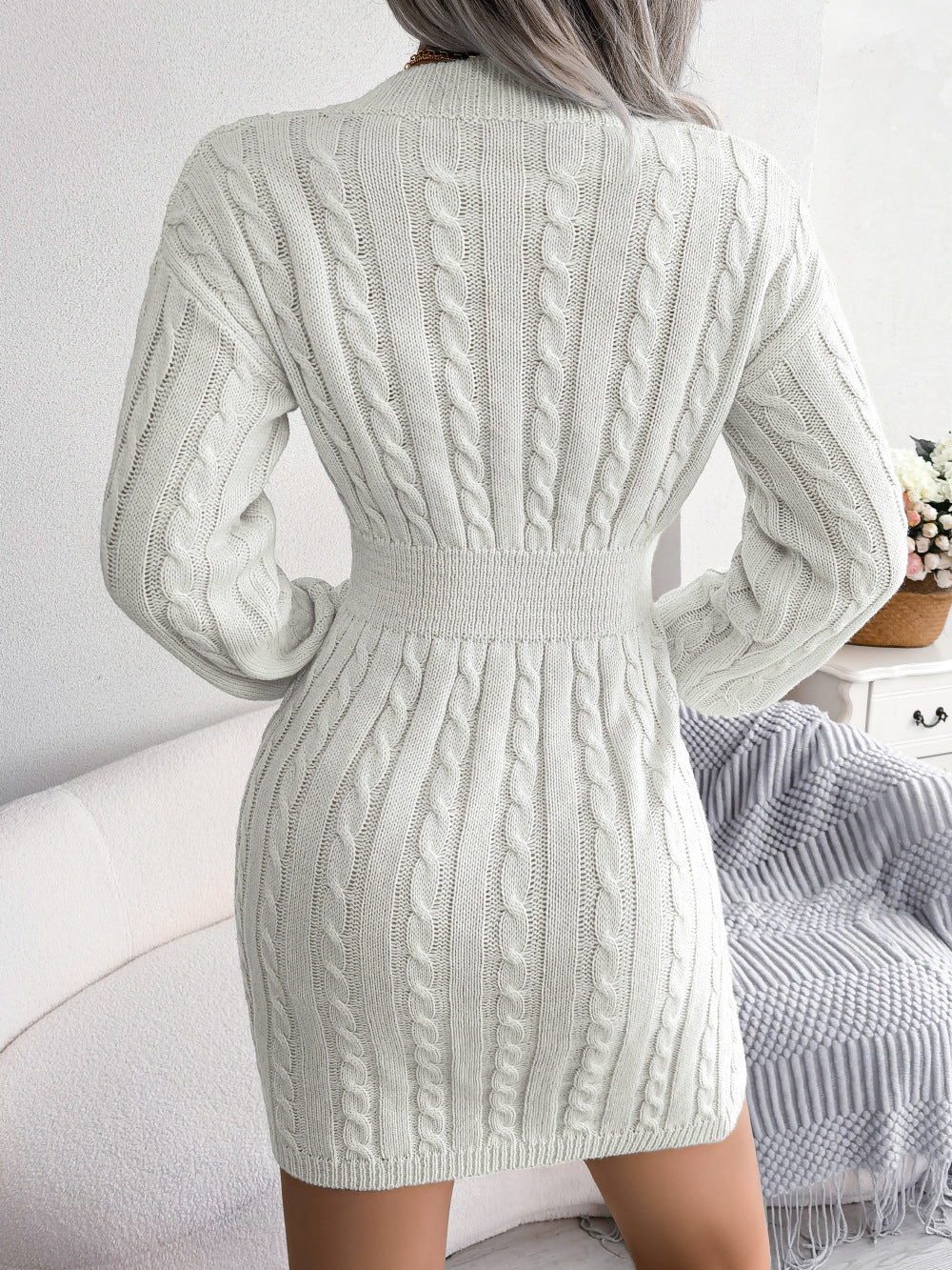 Valenzora | Chic autumn cable knit V-neck mini dress for women