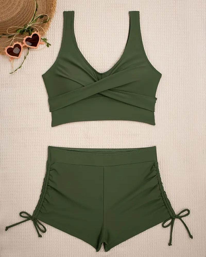 Valenzora | Bikini Set Two Pieces Solid Color Boxer Shorts Lace-up