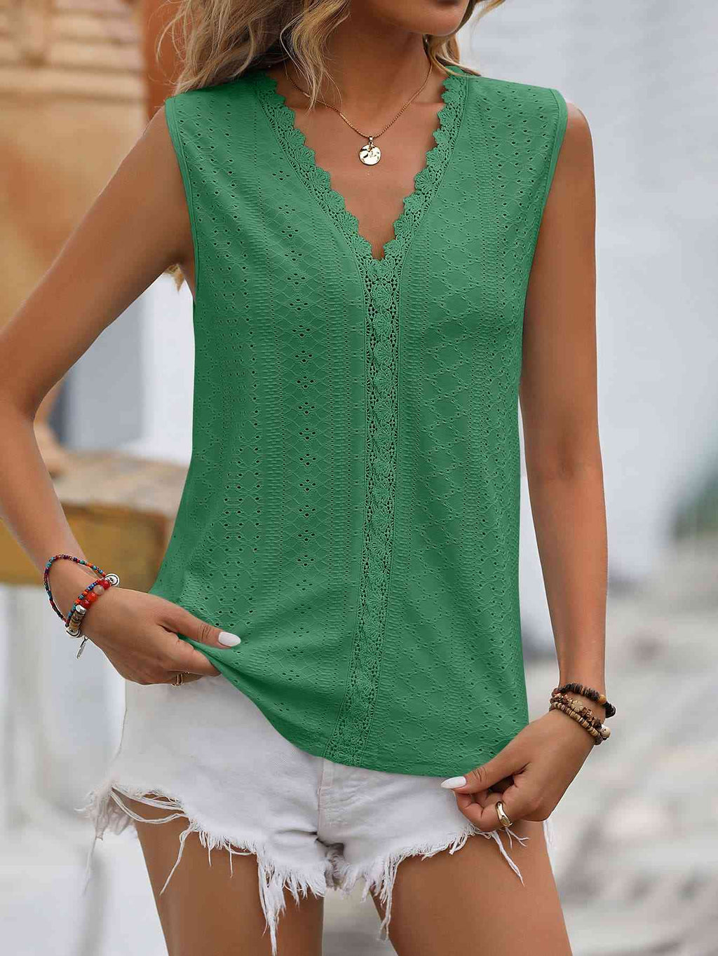 Valenzora | Split Lace V-Neck Sleeveless Shirt