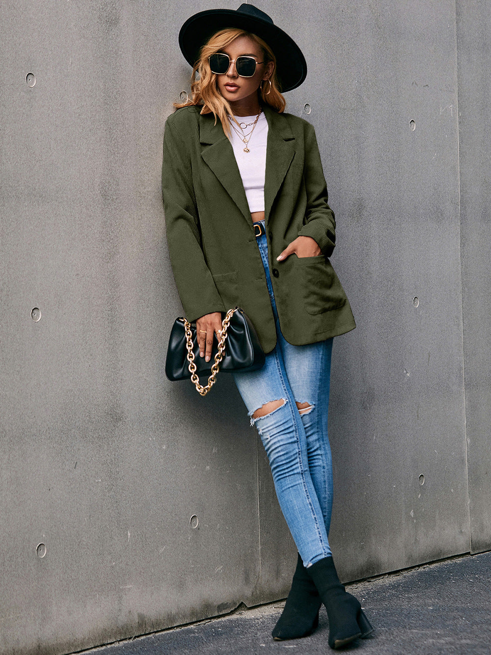 Valenzora | Cord-Longline-Blazer mit langen Ärmeln und Taschen