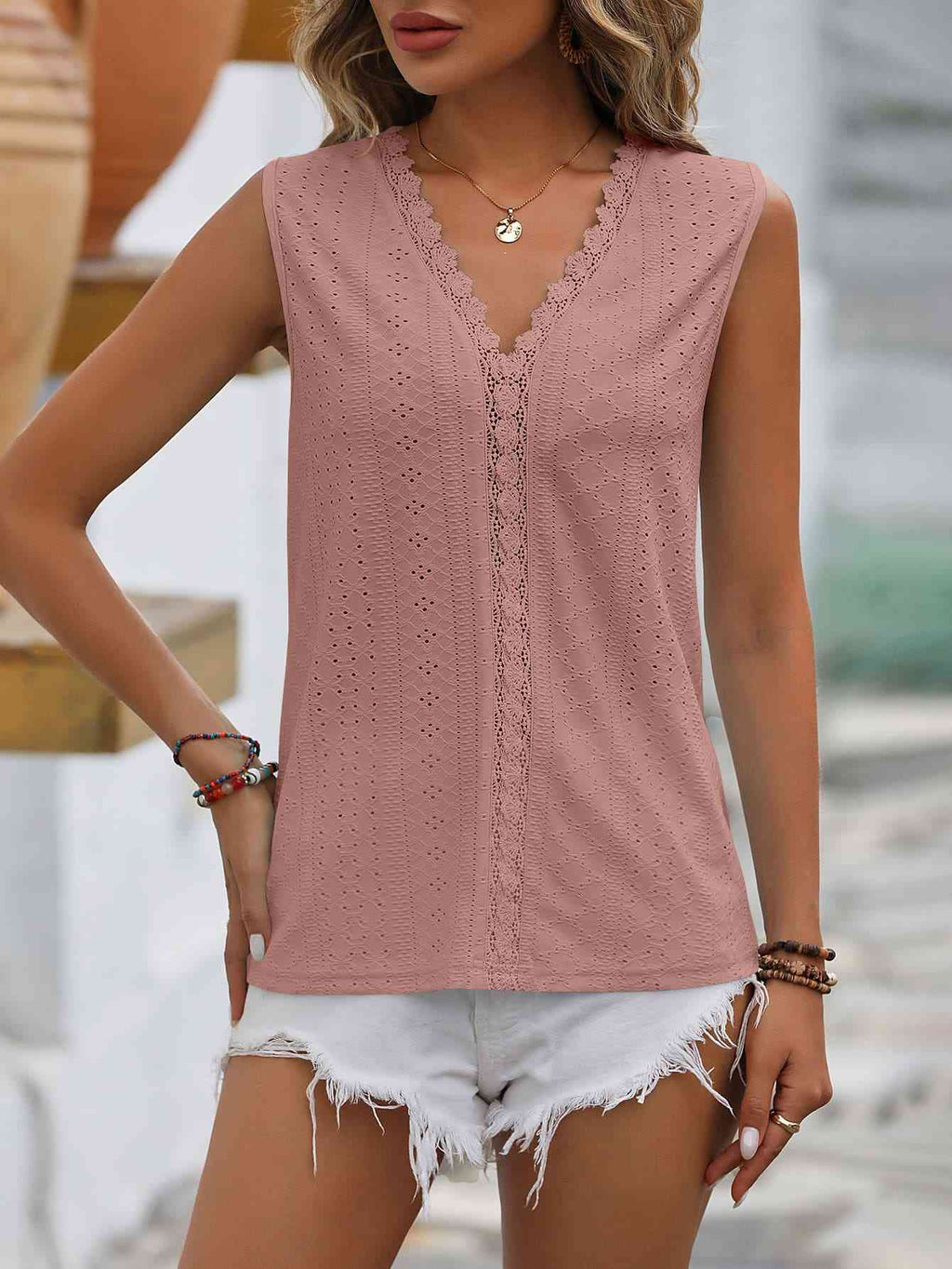 Valenzora | Split Lace V-Neck Sleeveless Shirt