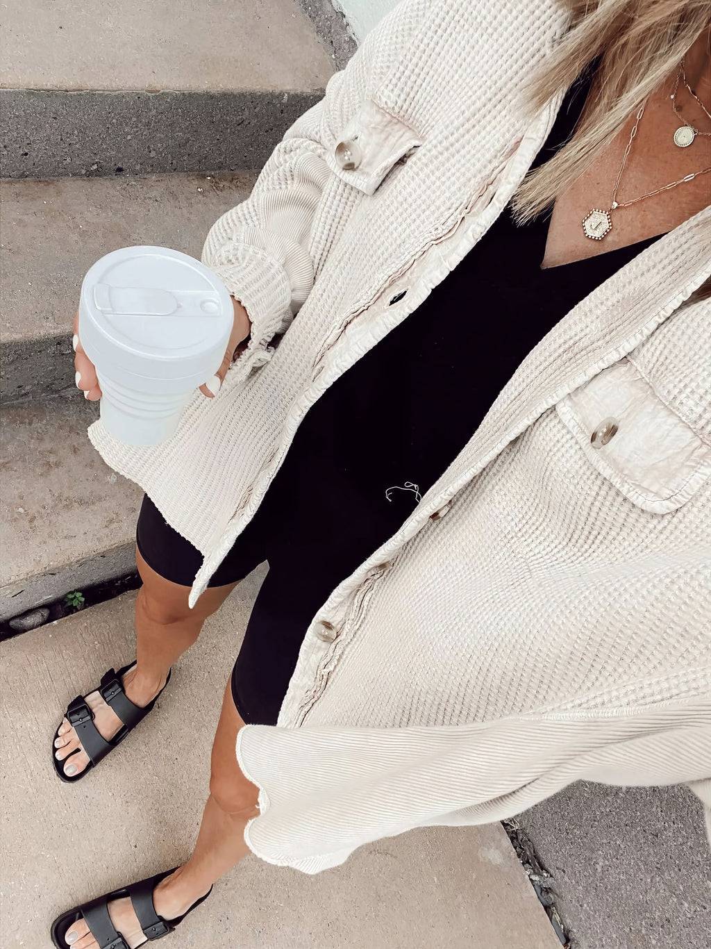 waffle-button long-sleeved shirt jacket