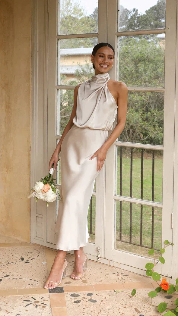 Valenzora | Elegant satin midi dress with draped neckline for women