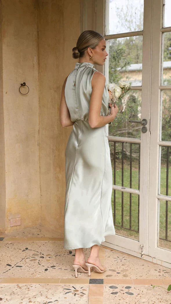 Valenzora | Elegant satin midi dress with draped neckline for women