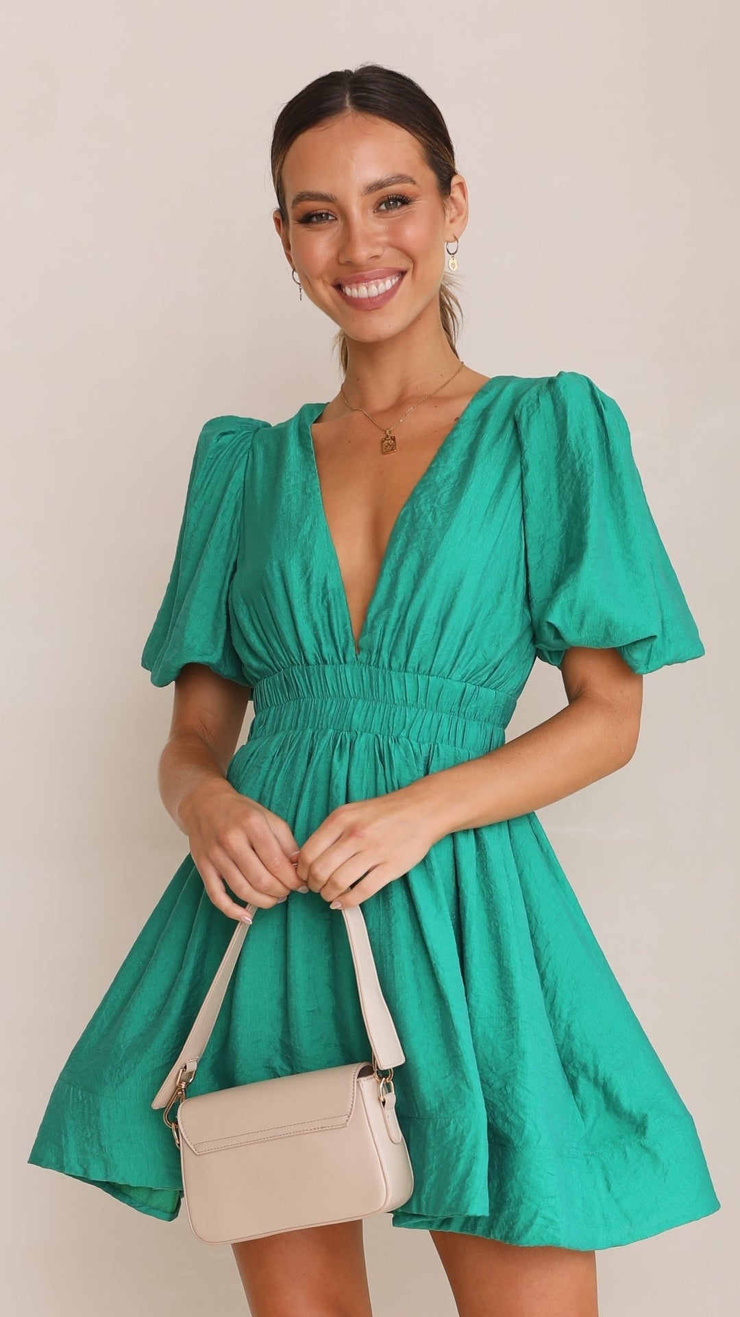 Valenzora | Mini dress with V-neck and puff sleeves for women