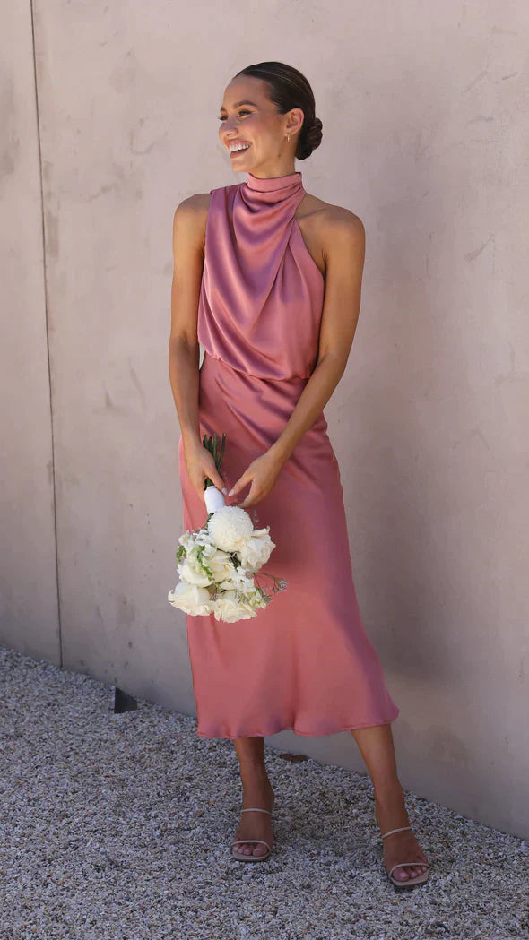 Valenzora | Elegant satin midi dress with draped neckline for women