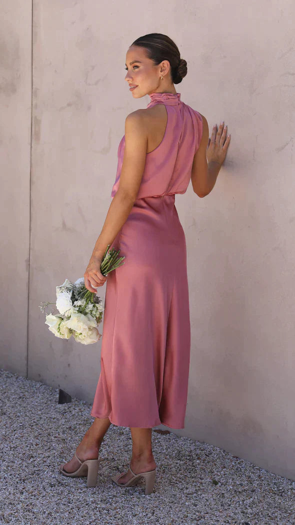Valenzora | Elegant satin midi dress with draped neckline for women