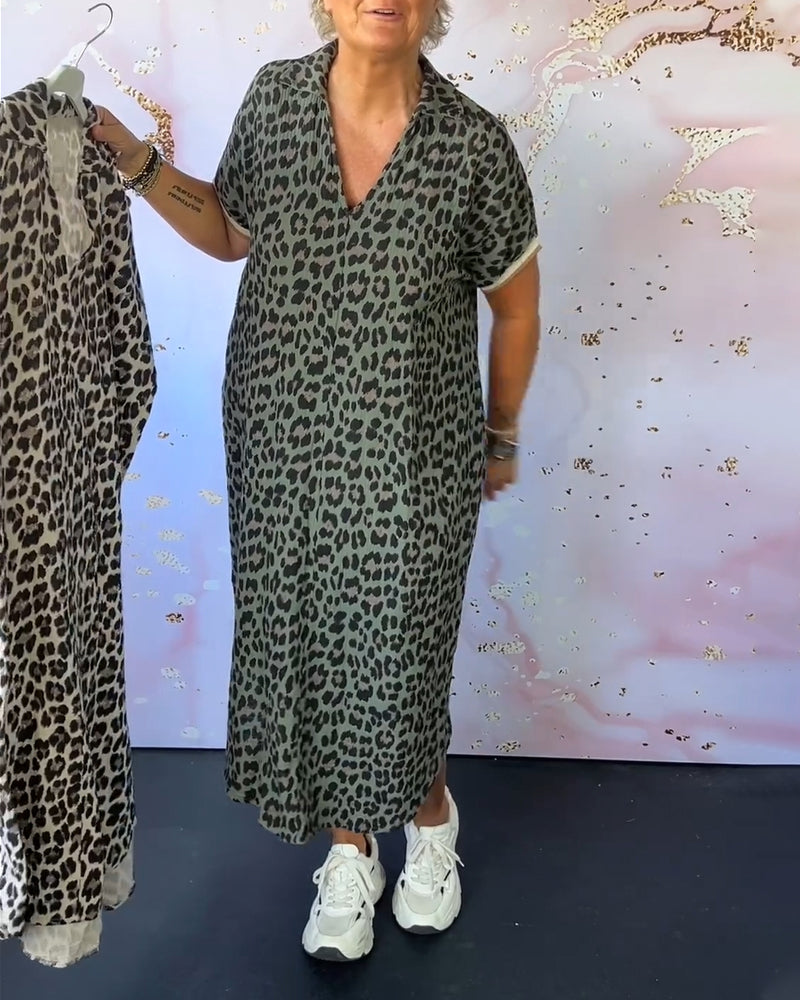 Valenzora | Short-sleeved dress with leopard print and V-neck