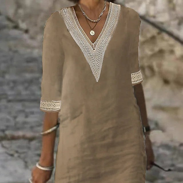 Valenzora | Simple cotton linen dress with V-neck and half sleeves