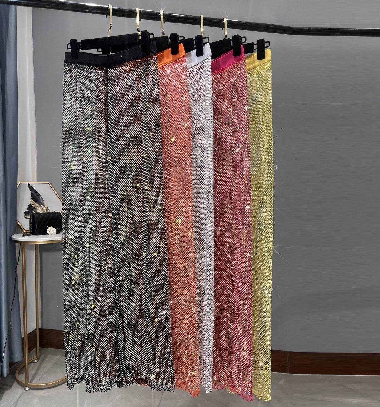 Valenzora | Rhinestone Straight Mesh Wide Leg Slim Fit Flattering Mop Pants