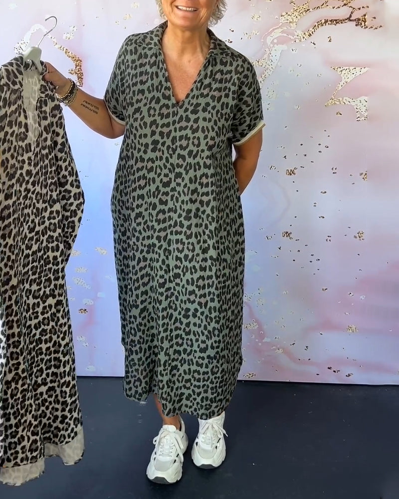 Valenzora | Short-sleeved dress with leopard print and V-neck