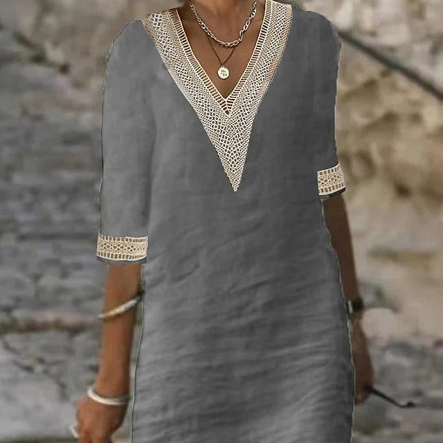 Valenzora | Simple cotton linen dress with V-neck and half sleeves