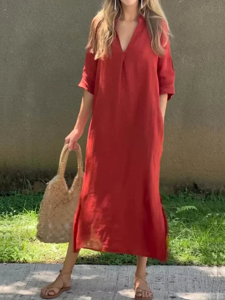 Valenzora | Schlichtes Leinenkleid mit V-Ausschnitt und Tasche