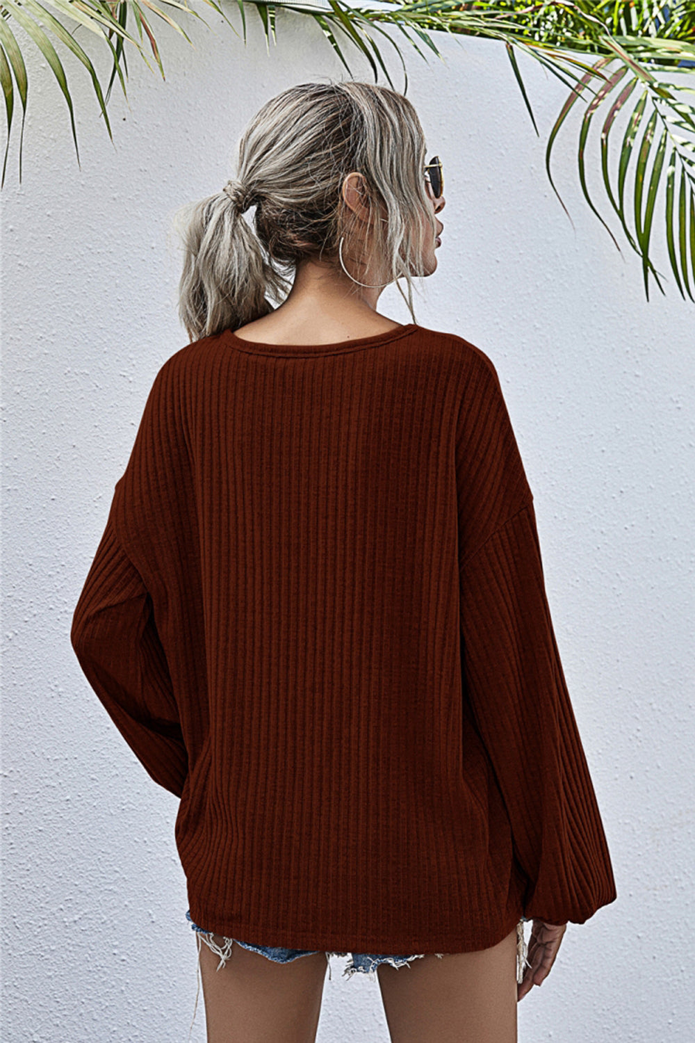 Valenzora Round Neck Lantern Sleeve Casual Knitted Top