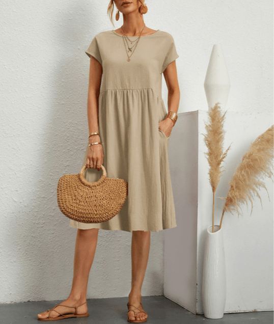 Valenzora | Kurzes Baumwoll-Leinen Midi-Kleid mit Ärmeln