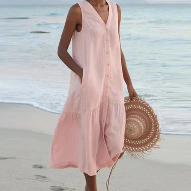 Valenzora | Sleeveless cotton linen dress with V-neck