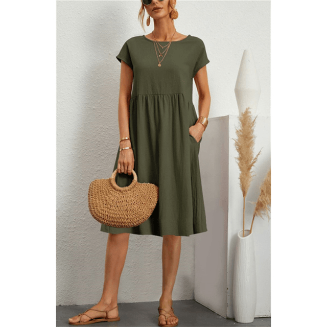Valenzora | Kurzes Baumwoll-Leinen Midi-Kleid mit Ärmeln