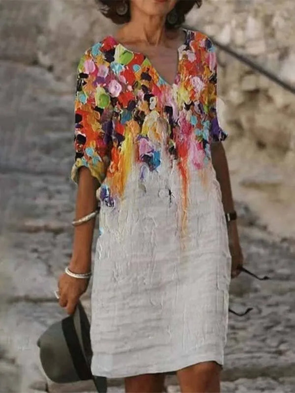 Valenzora | Damenkleid aus Baumwolle und Leinen mit Ausschnitt und Ölgemälde-Print