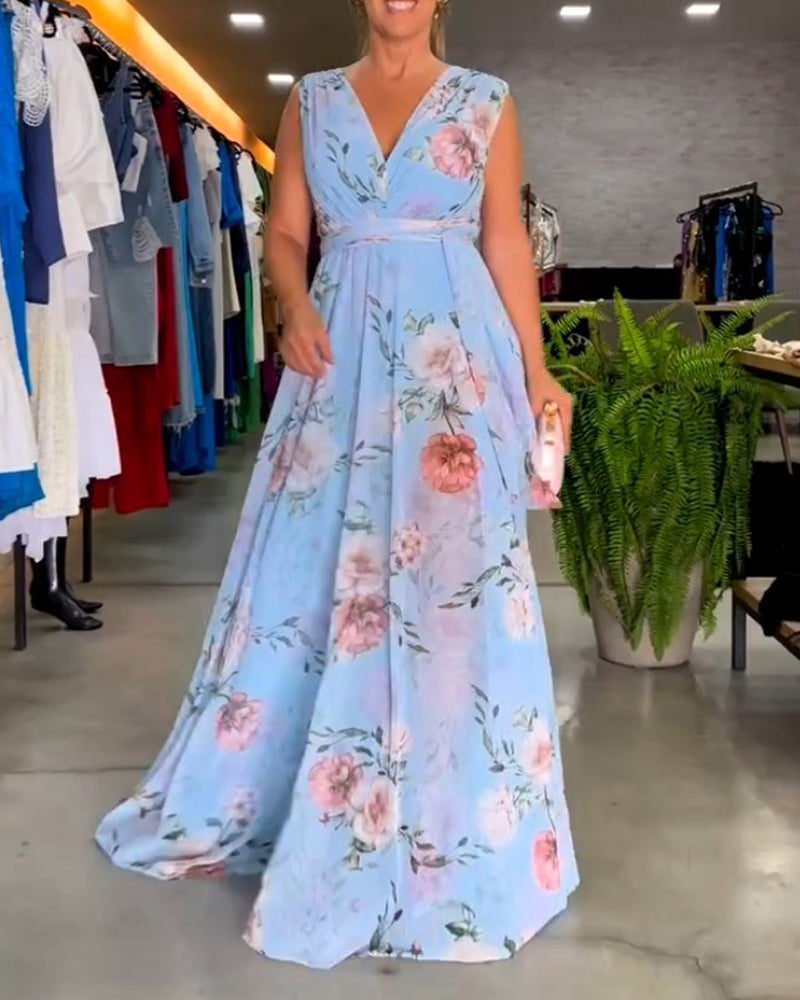 Valenzora | Elegant sleeveless V-neck floral print dress